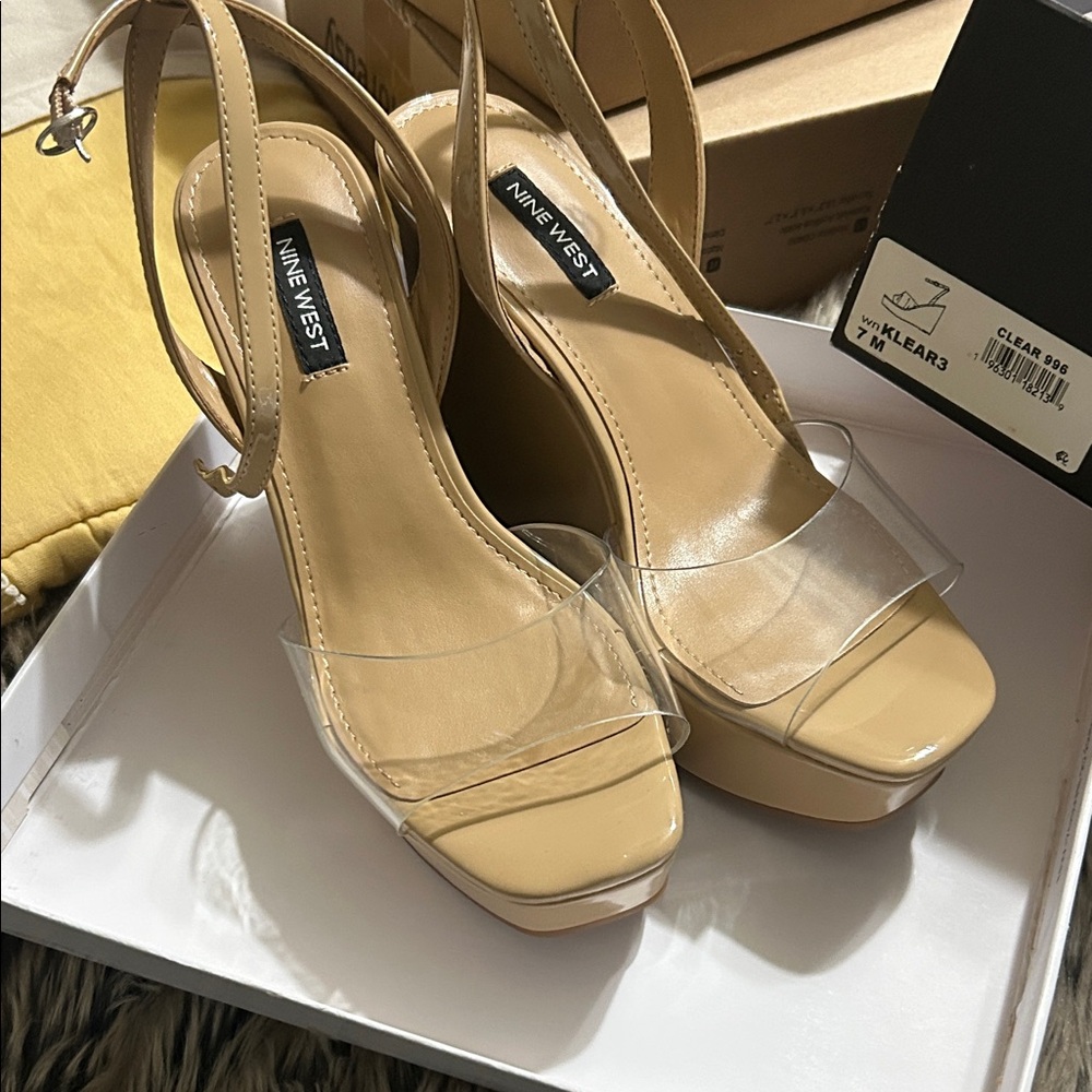 Nine West Tan and Clear Platform Heels